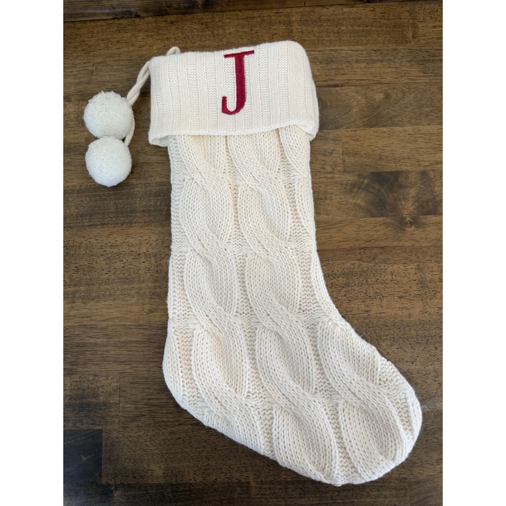 Cable Knit Christmas Stocking Letter J Ivory Cream Red Monogram Pom Poms